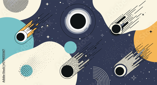 Abstract space illustration featuring comets, a black hole, and celestial bodies in a modern, stylized design.