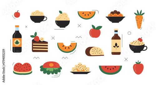 A vibrant collection of diverse food and drink illustrations, featuring fruits, desserts, beverages, and meals in a minimalist flat design style.