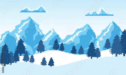 Flat cartoon of winter snowy pixel art landscape illustration background