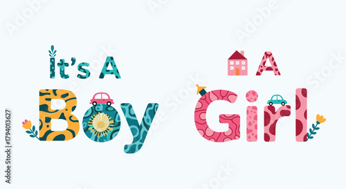 Colorful 'It's A Boy' and 'It's A Girl' text designs with playful illustrations for baby shower invitations or gender reveal announcements.
