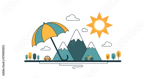 A vibrant outdoor illustration featuring an umbrella, mountains, sun, and transportation in a stylized landscape.