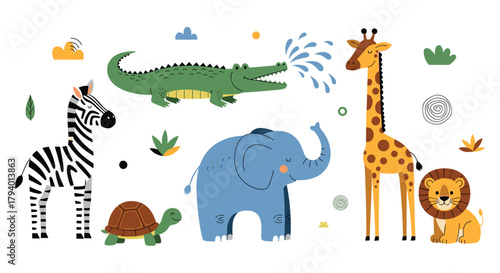 Playful illustration of cute safari animals including a zebra, crocodile, elephant, giraffe, lion, and turtle on a white background.