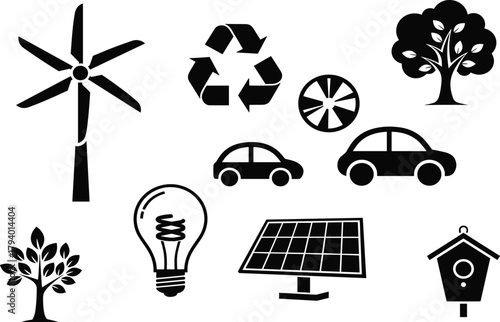 Eco icons set, black silhouette style, renewable energy, recycling, electric car, solar panel, nature conservation, sustainability, green living, environment