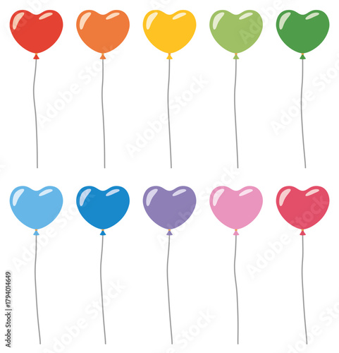 様々な形のハート形の風船アイコンのベクターイラストのセット