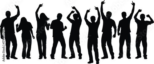 Silhouetted raised hands and fists, peace signs, protest gestures, unity, black illustration, white background, activism, solidarity, expressive crowd movement