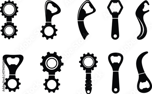 Bottle opener icons, black silhouette style, gear handle, ergonomic design, mechanical tool, kitchen accessory, industrial shape, vector graphic, isolated set