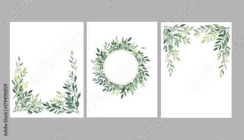Vector invitation cards with herbal twigs and branches wreath and corners border frames.