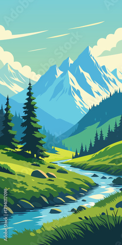 Mountain landscape with river and evergreen trees