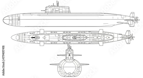 A detailed technical line drawing of a military submarine from side, top, and front orthographic views.