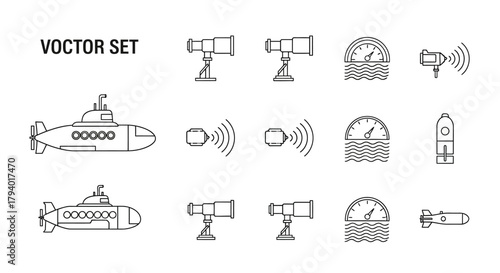 Vector set of submarine, periscope, speedometer, transmitter, and torpedo icons.