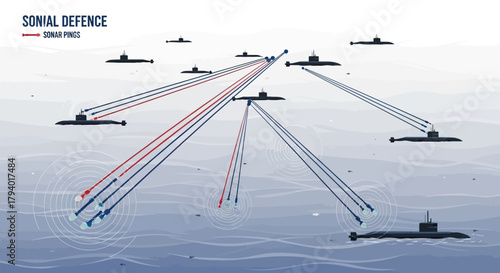 Diagram illustrating sonar defense strategy, depicting submarines and their detection capabilities in the ocean.