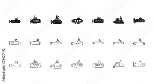 Collection of submarine icons in various styles, showcasing different designs and silhouettes of underwater vessels.