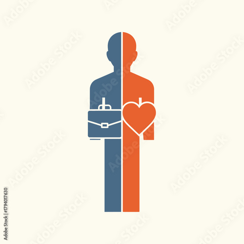 A silhouette of a person divided into two halves, one representing work with a briefcase and the other representing personal life with a heart