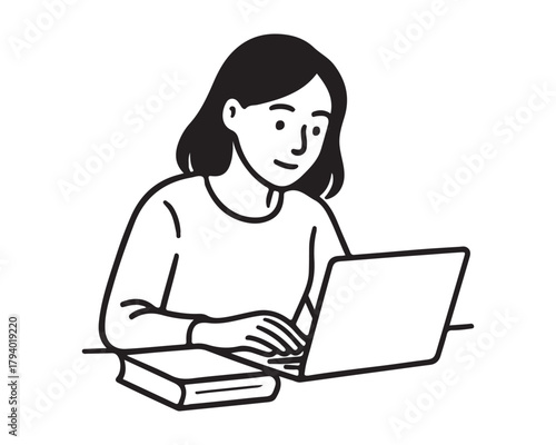 Focused student studying online with laptop and textbook, minimalist illustration for education, technology, and modern learning, great for websites