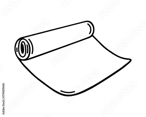 Rolled yoga mat vector illustration. Portable equipment for exercising in the gym, studio, at home. For sports, pilates, fitness, gymnastics, meditation. Black and white doodle. Wellness routine