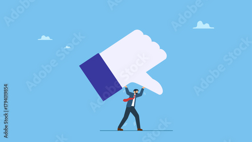 Businessman carry heavy thumb down symbol on his shoulder. Customer complaint or bad reputation, disappointment from mistake or failure, underperform, negative and dissatisfaction.