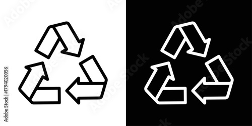 Recycle Symbol icon in black and white stroke on background. Ideal for waste management, eco campaigns, sustainability guides, and environmental awareness designs.
