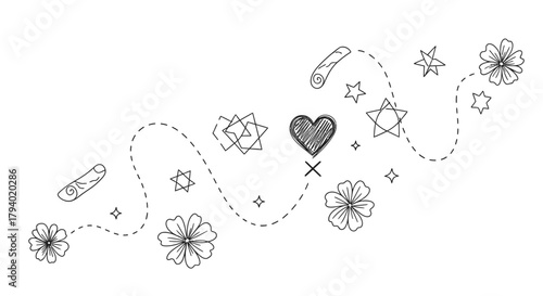 A whimsical hand-drawn doodle illustration displays a decorative dotted path adorned with charming flowers, stars, and a central heart, ideal for projects.
