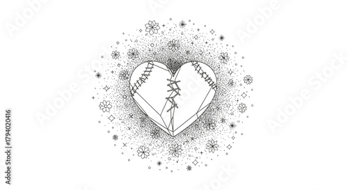 This poignant black and white illustration features a broken heart carefully stitched back together, symbolizing profound healing, emotional recovery, and enduring resilience.