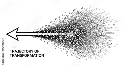 An abstract black and white graphic illustrates the dynamic trajectory of transformation with an arrow dispersing into numerous particles.