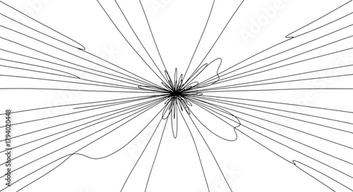 A striking abstract black and white illustration showcasing an intense burst of thin lines radiating dynamically from a central point, creating a powerful visual impact.