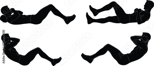 Bicycle crunch exercise silhouette set showing core workout movement, abdominal training pose, fitness routine, gym activity, body strength vector illustration