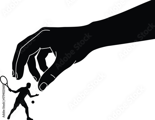 Black and white silhouette illustration of giant hand controlling small tennis player athlete with racket symbolizing manipulation power influence control