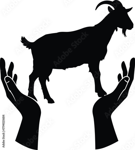 Black silhouette goat held by hands symbolizing care, protection, reverence, livestock support, spiritual symbolism, farm animal respect, minimalist icon