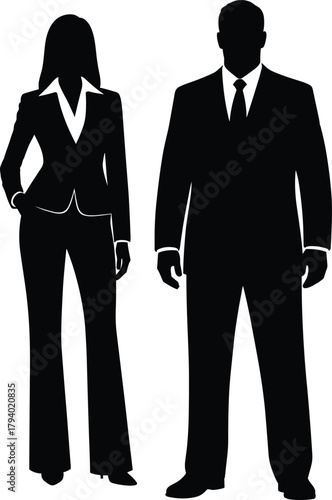 Business silhouettes of professional man and woman in formal attire standing upright, representing corporate workplace gender roles and professionalism.