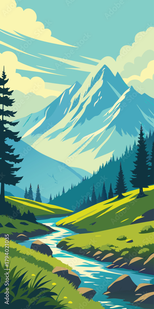Fototapeta premium Mountain landscape with stream and pine trees