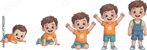 Child growth stages illustration, baby to toddler development, cartoon boy milestones, early childhood progress, physical evolution, educational visual aid