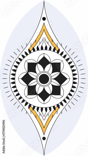 Minimalist vector illustration featuring a geometric flower mandala enclosed in a stylized eye or seed shape. Elegant black and white outline with subtle yellow accents.