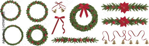 Christmas wreaths and garlands, festive holiday decorations, poinsettia and bell elements, vector design assets, cad drawing flat vector illustration
