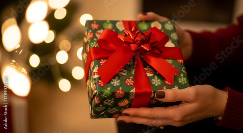 Hands holding a wrapped Christmas gift with red ribbon, soft holiday lights and warm tones in the background