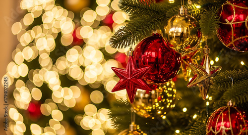 Beautiful close-up of Christmas ornaments hanging on a tree, with bokeh lights in the background