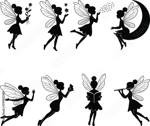 Collection of black silhouette fairies with wings in various poses fairy white