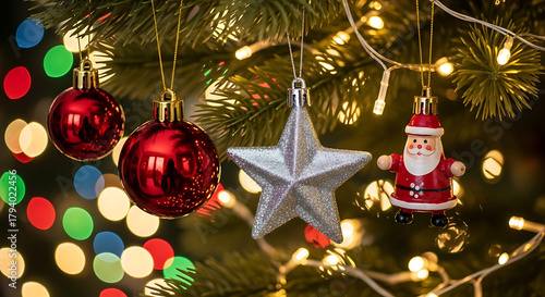 Beautiful close-up of Christmas ornaments hanging on a tree, with bokeh lights in the background