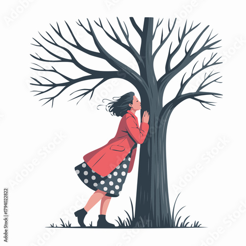 winter confessional: red coat polka-dot reverie listening to bare tree trunk in quiet hush