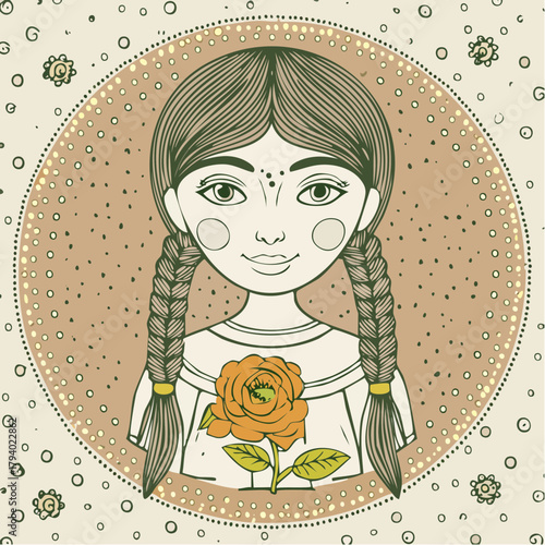 earthbound blossom: braided girl with dot halo holding orange flower in folk reverie