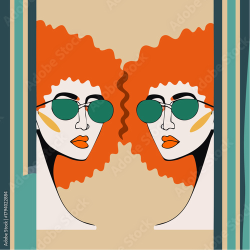 double dos mirrored curls: orange hair twin faces in green sunglasses on striped modernist canvas