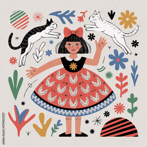 red-bow revel: joyful girl with leaping cats amid feathered dress florals and jubilant folk parade