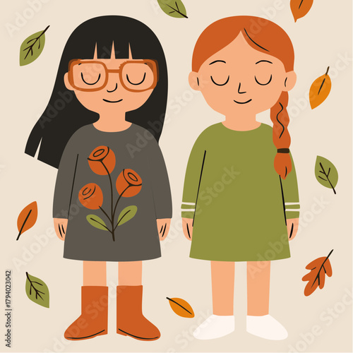 autumn kin: two girls amid falling leaves in cozy beige, braids and glasses in seasonal stroll
