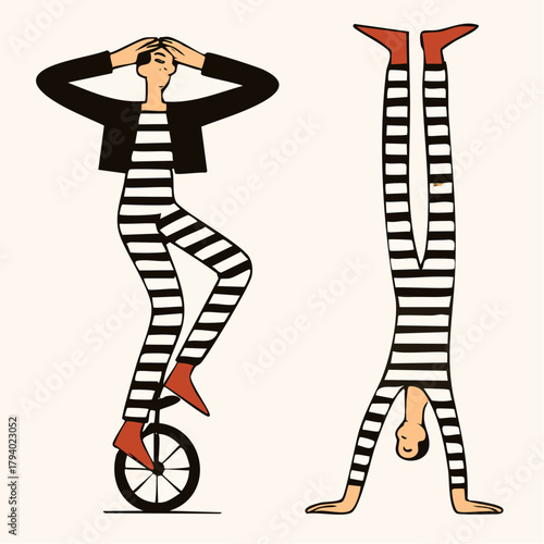 striped spectacle: red‑shod unicyclist and handstand duo in monochrome performance