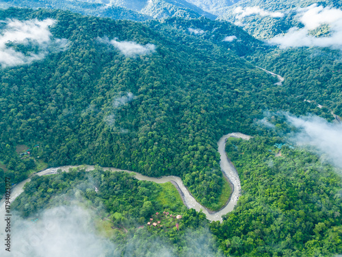 Aerial view of the Pacuare River on a warm morning in the province of Limón, Costa Rica