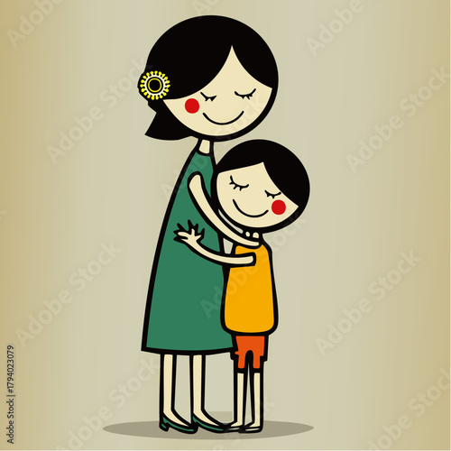 gentle green embrace: mother and child floral bow, rosy cheeks, cozy beige gradient family moment