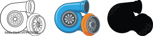 Automotive Turbocharger Icon Set - Outline, Color, and Silhouette Vector