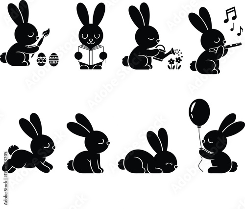 Eight black bunny rabbit silhouettes engaged in various activities white background