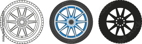 Custom Car Wheel with Tire Icon Set - Outline, Color, and Silhouette Vector