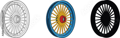 Vintage Spoke Wheel or Bicycle Wheel Icon Set - Outline, Color, and Silhouette Vector