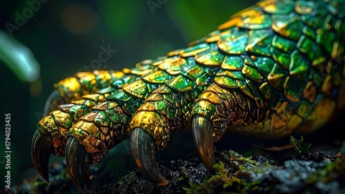 Close-up of a vibrant green and gold reptilian claw with sharp talons resting on a textured surface.